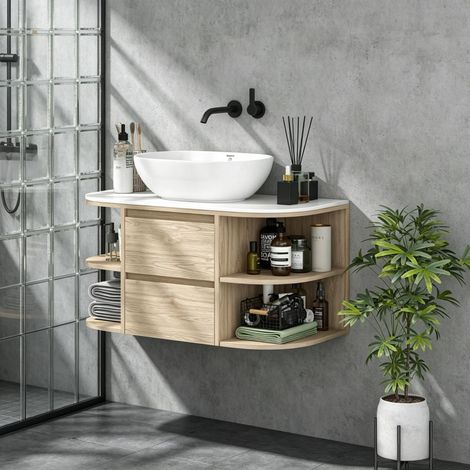 Meuble vasque suspendu, mobilier de salle de bains avec tiroirs et étagères à fermeture amortie (uniquement avec meuble sous-lavabo). (1/5)