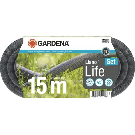 GARDENA Kit tuyau Liano™Life 15m. Kit complet. Tuyau d'arrosage léger. 13 mm. Pression de rupture 22 bar. Tuyau textile. (18445-20)