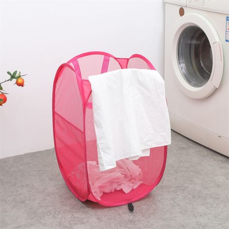 Panier à linge pliable, panier de rangement pour vêtements, ouverture carrée, côtés en filet, rouge rose, grande taille, (1/4)