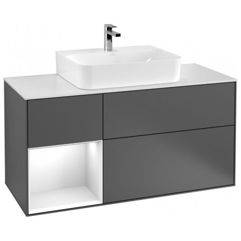 Finion, Meubles sous lavabo, 1200 x 603 x 501 mm, Angulaire,avec meuble étagère (éclairé), modèle suspendu, En bois, lavabo au milieu, éclairage LED, 1x LED / 2,3W, 2700 K à 6480 K, Glossy White Lacqu