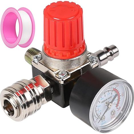 Réducteur de Pression d'Air Comprimé 1/4 avec Manomètre 175 PSI 12 Bar 4 Trous, Détendeur Pneumatique avec Bande Téflon, Vanne de Régulation de Pression pour Compresseur d'Air (1/5)