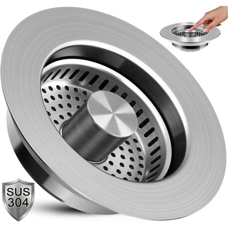 3-in-1-Küchenspülen-Abflusssieb, Pop-up-Abflussstopfen aus Edelstahl 304, für 11,3-mm-Abflusslöcher, universelle Spülenabdeckung, verstopfungsfreies Design, silberfarben (1/3)