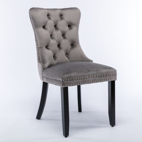 Chaises salle à manger lot de 2 velours bois massif capitonné gris (1/5)