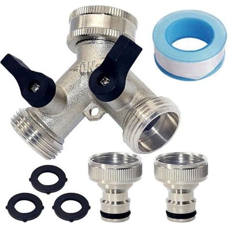 Séparateur laiton Y 2 voies – Robinets arrêt, 3 joints – Adaptateurs inclus – Pour tuyau arrosage (1/5)