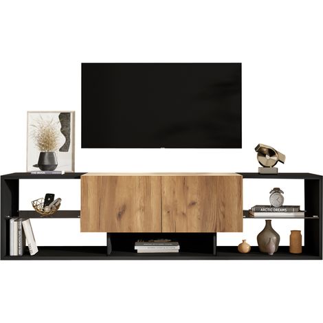 Meuble TV LED 160 cm avec 2 tiroirs, étagères en verre et rangement 3 niveaux, meuble de salon moderne pour écran jusqu’à 70 pouces, noir et bois clair  CHICFURN (1/5)