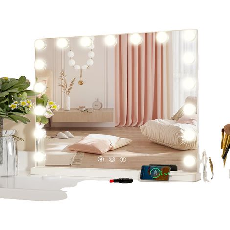 Espejo de maquillaje, 17 luces LED, regulable con 3 modos de color, BLANCO (1/2)