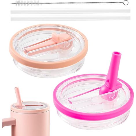Lot de 2 Couvercles de Remplacement pour Stanley Cup 40oz avec Paille et Brosse de Nettoyage, Accessoires Compatibles Stanley Cup (Pêche + Rose) (1/5)