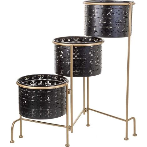 Soporte de metal con 3 maceteros de metal negro 80x26x68