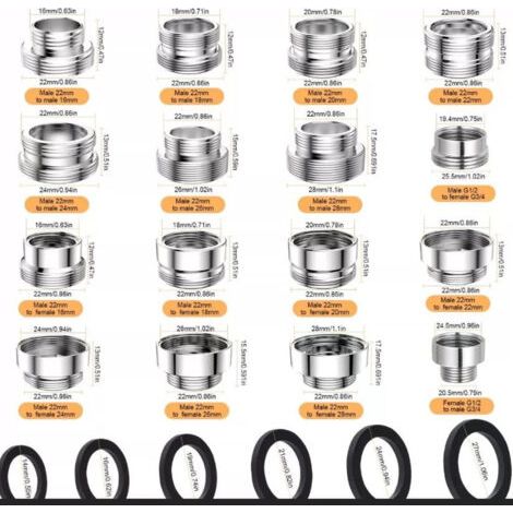 BUNTHAUS 16 Pièces Adaptateur Robinet Kit, Livré avec 30 Entretoises, Connecteur d’Aérateur et Adaptateur pour Robinet, Connecteur Aérateur de Robinet pour Tuyau D'arrosage, Pulvérisateurs D'évier (1/4)