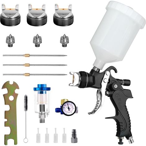 Professional HVLP Gravity-Fed Paint Spray Gun, 3 Nozzles (1.4mm, 1.7mm, 2.0mm), 600cc Gravity Cup, HVLP, Furniture & Car, Small Repair Spray Gun (Black) (1/5)