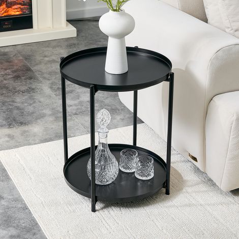 Table basse ronde 2 niveaux, cadre en métal 42x52 cm, table d'appoint avec étagère, style scandinave moderne, noir/blanc
