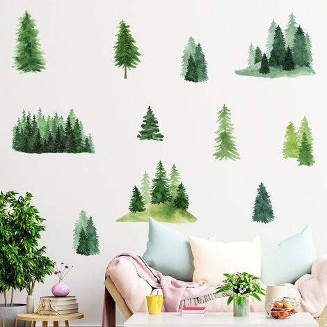 Lntyq Stickers muraux motif arbre de pin vert aquarelle grand arbre forêt forêt forêt pour chambre d'enfant, chambre à coucher, salon (1/5)