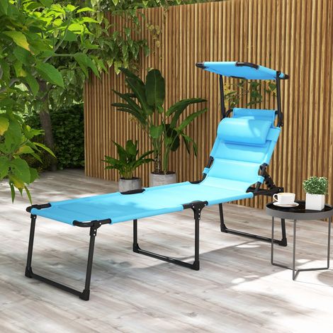 Chaise longue jardin auvent réglable dossier réglable 4 niveaux appuie-tête terrasse 70x200x45cm, bleu clair (1/4)