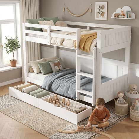 Lit superposé 2 places 90 x 200 cm avec garde-corps et rangement, lit enfant en bois blanc séparable en 2 lits simples avec 2 tiroirs et échelle (1/5)