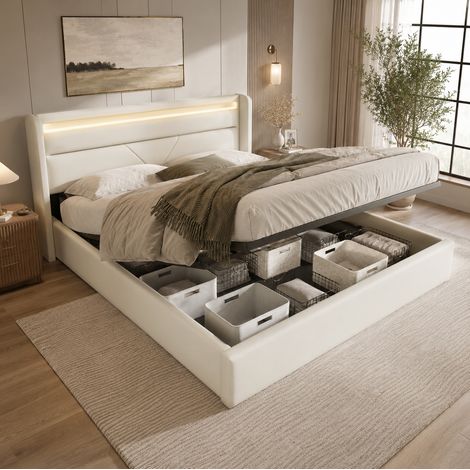 Cama canapé 160x200 cm de PU blanco con LED, para ahorrar espacio, sin colchón – MEUBLIV (1/5)