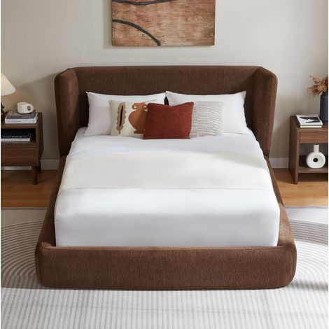Cama doble 140x200 cm de acero marrón con cabecero acolchado, sin colchón – MEUBLIV (1/5)