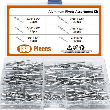 Lot de 180 rivets aveugles à tête bombée en aluminium – Résistants à l'acide et à la corrosion – 6 tailles pour applications variées (1/5)