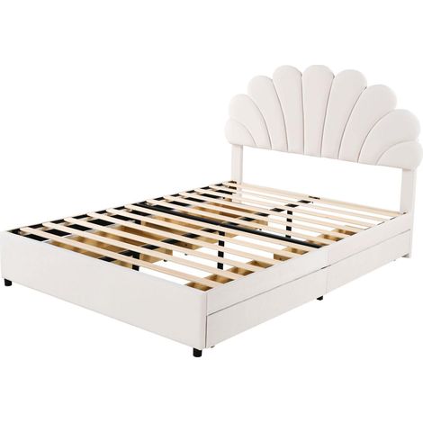 Letto imbottito 140 x 200 cm in velluto beige con testiera a fiore e 4 cassetti (1/5)