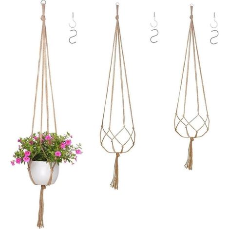 Set aus 2 Hängeampeln, 90 cm und 105 cm, mit Haken, aus Juteseil, Hängeblumentopf mit Quaste, Hängekorb für Zimmerpflanzen