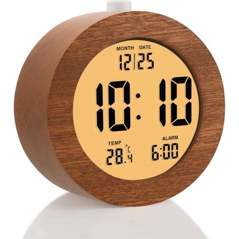 Réveil Numérique En Bois - 1 Unité - Bois Massif - Affichage LCD Et Veilleuse - Chambre Et Bureau - 10x10 Cm (1/5)