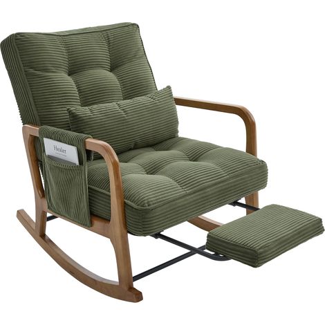 Silla mecedora moderna con reposapiés, tejido de pana verde, bolsillo lateral y respaldo ajustable (1/5)