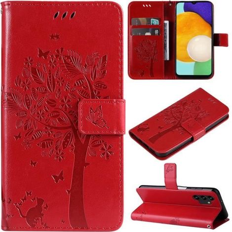 Coque pour Samsung Galaxy A13 4G/A13 5G/A13 lite/M13 Housse PU Flip Etui Téléphone Magnétique Protection case- Rouge arbre et chat (1/4)