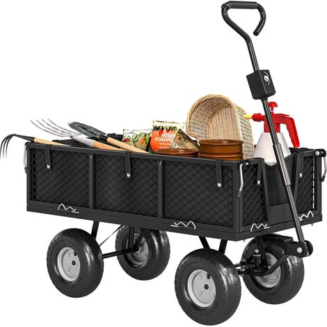 Chariot de jardin à grandes roues, sac étanche amovible et poignée pivotante, capacité de charge de 300 kg, 105 x 51 x 54 cm, noir
