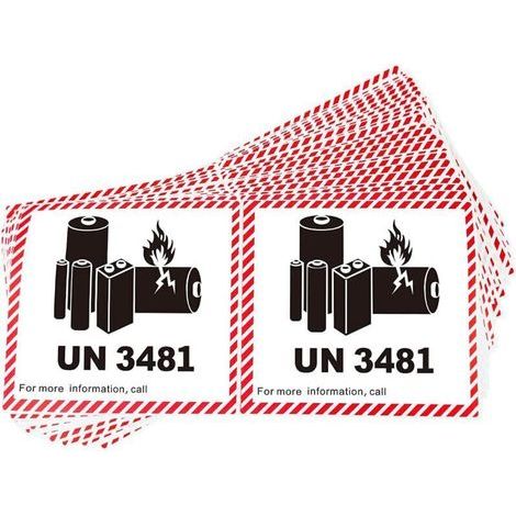 Confezione da 20 etichette di avvertenza UN3481 per il trasporto di batterie agli ioni di litio, 110 x 120 mm (1/4)