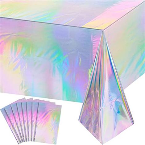 8 nappes en plastique argenté nacré, nappes rectangulaires jetables découpées au laser, décorations de fête, dimensions : 54 x 108 pouces. (1/5)
