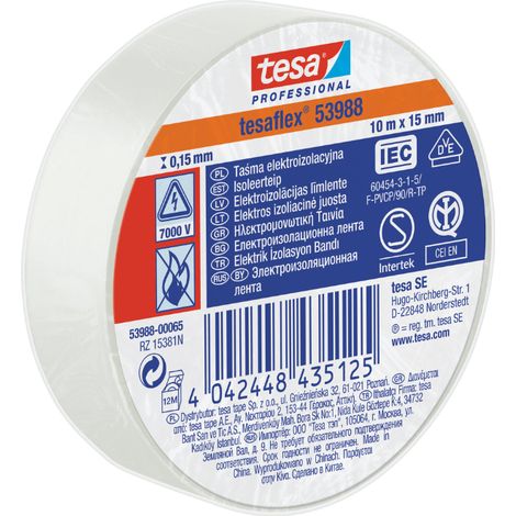 Cinta aislante Tesa de 10 m x 15 mm para aislamiento y marcado de cables, reparaciones y embalaje, flexible, blanca.
