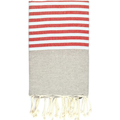 Fouta 100x200 gris rayures blanc, rouge - 100% coton - franges