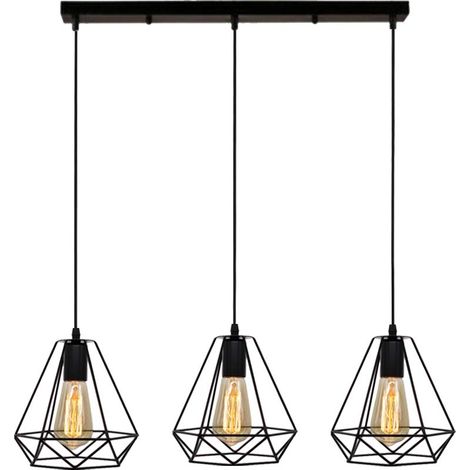 3 Lights Pendant Light Vintage Geometric Cage Chandelier Lamp E27 Black Metal for Bedroom Living Room Dining Room