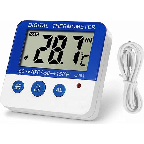 Termometro digitale per frigorifero e congelatore con memoria, allarmi max/min, impostazioni di temperatura alta e bassa, indicatore LED e supporto magnetico (1 pezzo)