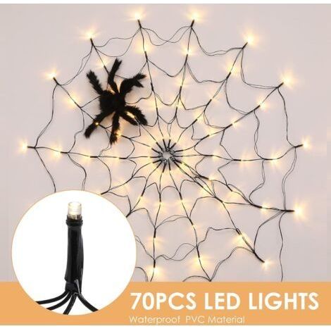 Halloween-Dekoration: Leuchtendes Spinnennetz, 70 orangefarbene LEDs mit schwarzer Spinne, Fernbedienung für Partys, Garten, Bars und Spukhäuser (1/4)