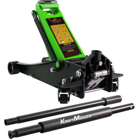 Cric hydraulique Kraft Müller professionnel 2.25T, Haut. de levage 49,5cm, Levée rapide avec système à double-pompe, Noir/Vert
