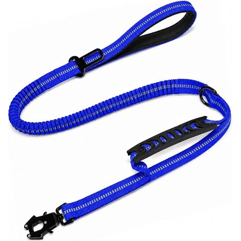 Laisse Chien Réfléchissante, 1,15 à 1,75 m Laisse Élastique Anti Traction avec Absorption des Chocs, Ceinture de Sécurité de Voiture, 2 Poignée et Mousqueton pour Moyens et Grands Chiens, Bleu (1/5)
