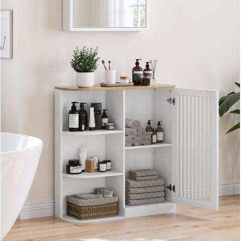 MEUBLIV Mobile ad angolo bagno bianco e effetto rovere 68x25x76 cm, ripiani regolabili (1/5)