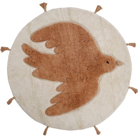 Tapis Rond Enfant en Coton Lavable Oeko-Tex Motif Oiseau Marron et Blanc - PANGIVO (1/5)
