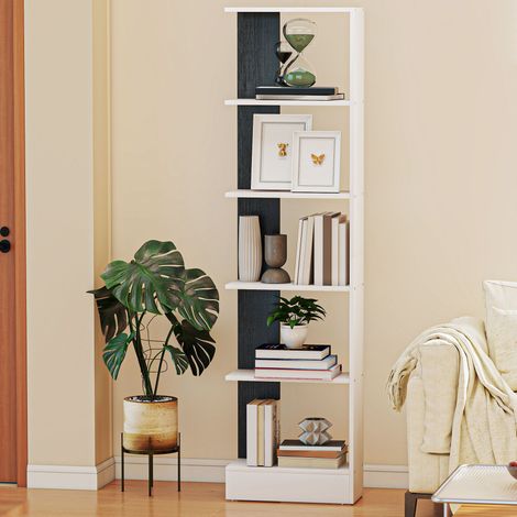 Libreria Moderna Salvaspazio a 5 Ripiani in Legno 45x21x170 cm, Bianco e Nero