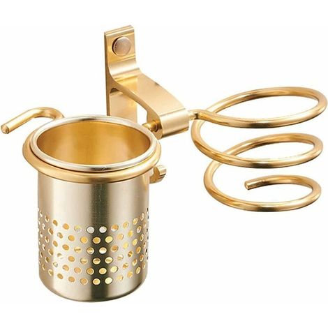 Soporte para secador de pelo con portavasos, estante de metal para pared, para baño, dorado (1/5)