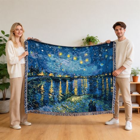 Plaid jeté de canapé et tenture Van Gogh Nuit étoilée sur le Rhône 130x160 cm, 45 × 35 × 4 cm, 1 g – Livraison gratuite