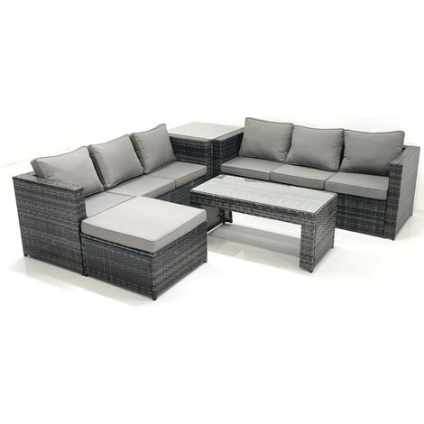 Fimous Garten Rattanmöbel Set mit Sofa Couchtisch 2 Großer Hockern Beistelltisch Dunkelgrau Gemischt (1/4)