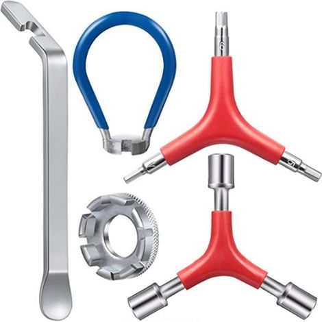 5Pcs Kit Outil Rayon Vélo, Clé à Rayon 8 Fentes, Poignée Caoutchouc, Démonte-pneu, Clé Hexagonale Y et Clé à Douille Y (1/5)