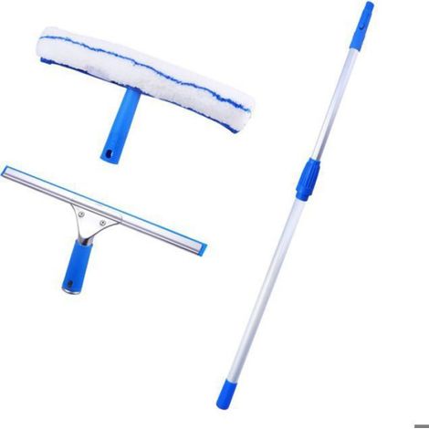1 Kit Lave-vitre, Manche télescopique 125cm, Raclette silicone 35cm, Brosse microfibre, Fenêtres hautes et basses (1/5)