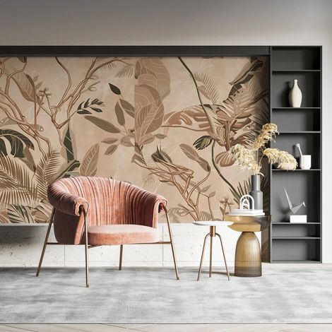 Papier Peint Tropical - Feuillage Exotique Beige - 150 x 250 cm (1/2)