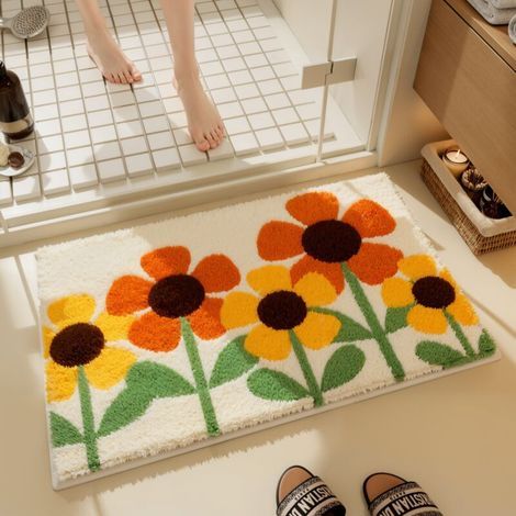Badematte mit gelben Blumen, Frühlingsmuster, super saugfähig, rutschfest, 40 x 60 cm, weich und flauschig, maschinenwaschbar, Heimdekoration (1/5)