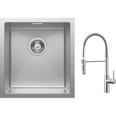 Cecipa Évier 1 Bac 40x44cm Évier Inox Évier de Cuisine Brossé + Mitigeur de Cuisine à Ressort avec Douchette Extractible, Robinet Evier 2 Modes de Sortie D'eau, Brossé (1/5)