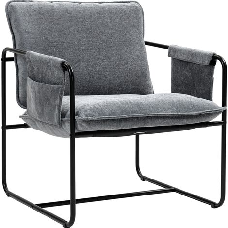 Fauteuil moderne pour la détente avec sellerie en chenille, structure en acier et accoudoirs avec poches 68 x 76 x 81 cm gris