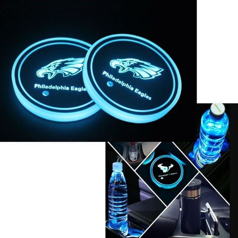 Lot de 2 porte-gobelets LED Philadelphia Eagles 68x68x8,5mm, éclairage 7 couleurs, recharge USB, tapis lumineux pour voiture, décoration intérieure, ambiance (1/4)