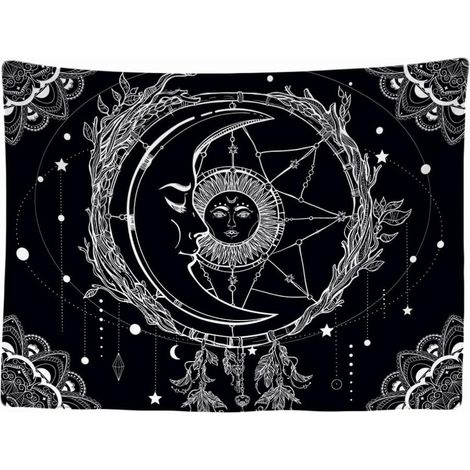 Dekorativer Wandteppich fürs Schlafzimmer – Sonne-Mond-Mandala, Schwarz-Weiß-Tarot – 200 x 150 cm (1/5)